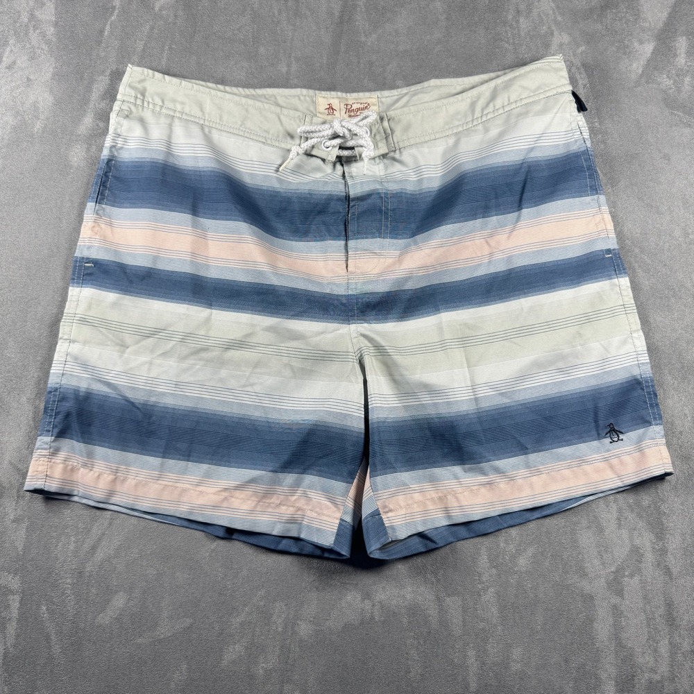 Original Penguin Men's Striped Swim Trunks Blue Grey Peach Size 36 Mesh Lined 6"